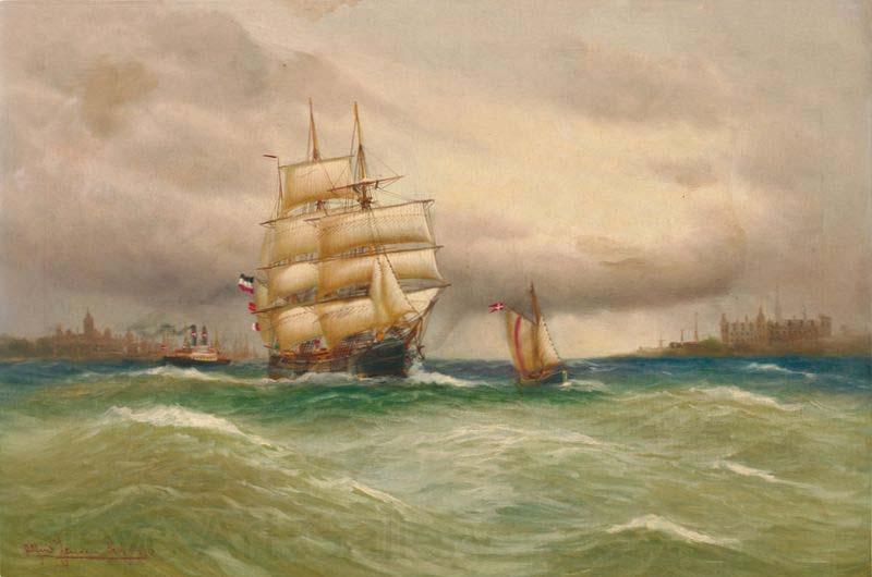 Alfred Jensen Marine mit Segelbooten, im Hintergrund Stadtsilhouette. Germany oil painting art